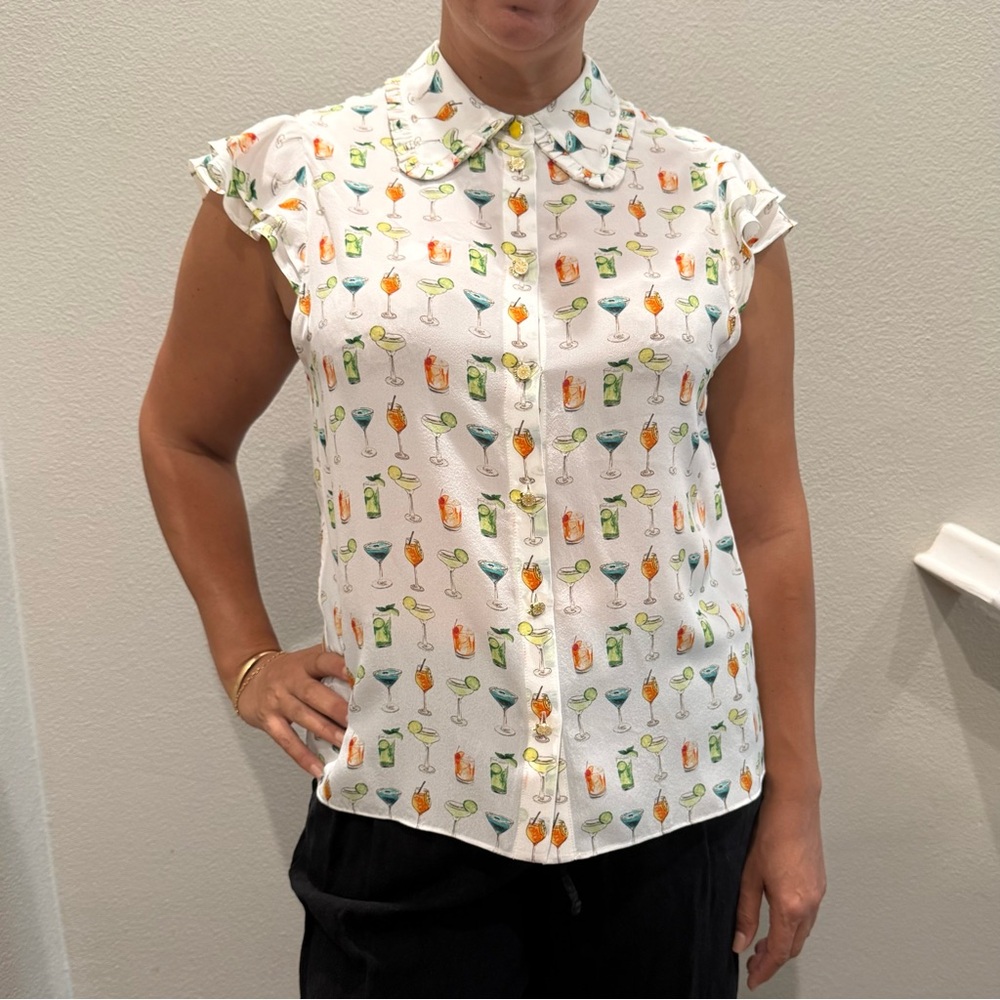 NWT Alice & Olivia White Cocktail Print Cap-Sleeve Button-Up Blouse